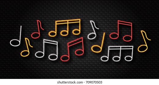 Vector realistic isolated neon retro sign of notes for decoration and covering on the wall background. Concept of music, jazz and dj