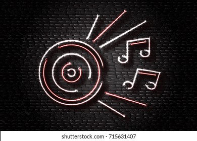 Vector realistic isolated neon retro sign of vinyl and notes for decoration and covering on the wall background. Concept of music, dj and disco.