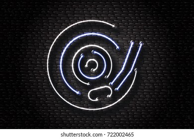 Vector realistic isolated neon retro sign of vinyl for decoration and covering on the wall background. Concept of music, dj and disco.