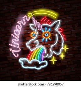 Vector realistic isolated neon retro sign of unicorn for decoration and covering on the wall background. Pink funny unicorn pukes liquid rainbow. Vector illustration.