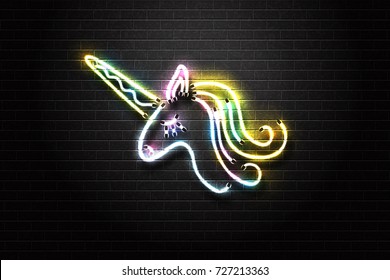 Vector realistic isolated neon retro sign of unicorn for decoration and covering on the wall background.