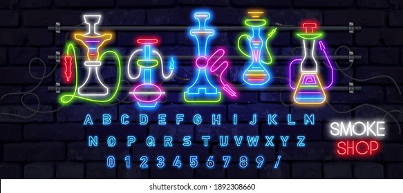 Vector realistic isolated neon set icons of Hookah for decoration and covering on the wall background. Concept of hookah lounge.