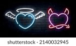 Vector realistic isolated neon sign of Angel and Devil hearts for decoration and covering on the wall background.