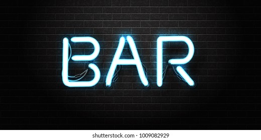 Vector realistic isolated neon sign of Bar lettering for decoration and covering on the wall background. Concept of night club, bar counter, cafe and restaurant.