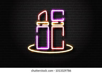 Vector realistic isolated neon sign of lipstick for decoration and covering on the wall background. Concept of cosmetics and beauty.