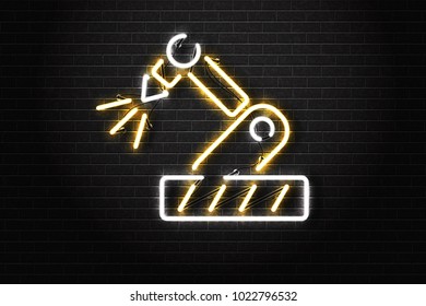 Vector realistic isolated neon sign of CNC machine for decoration and covering on the wall background. Concept of engineering, robot industry, laser cutting and manufacture.