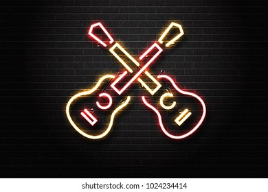Vector realistic isolated neon sign of guitar for decoration and covering on the wall background. Concept of live music, dj and live concert.