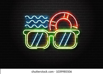 Vector realistic isolated neon sign of glasses and sea for decoration and covering on the wall background. Concept of happy vacation, leisure and summer time.