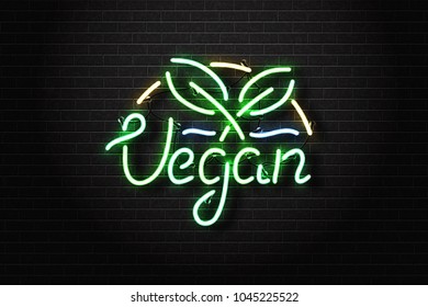 Vector realistic isolated neon sign of Vegan lettering logo with green leaf for decoration and covering on the wall background. Concept of vegetarian cafe and eco product.