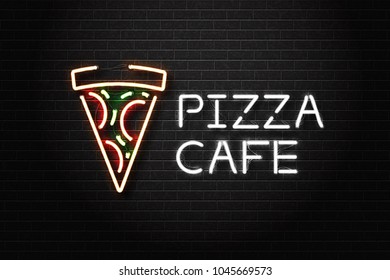 Vector realistic isolated neon sign of pizza cafe for decoration and covering on the wall background. Concept of restaurant sign and fast food.