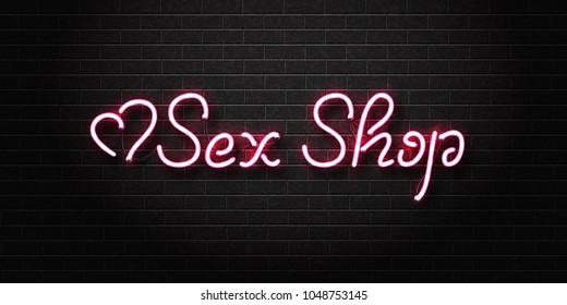 Vector realistic isolated neon sign of Sex Shop lettering logo with hearts for decoration and covering on the wall background. Concept of night club and erotic show.