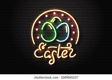 Vector realistic isolated neon sign of Easter lettering logo with eggs for decoration and covering on the wall background. Concept of Happy Easter.