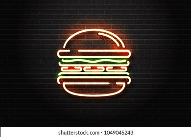 Vector realistic isolated neon sign of burger logo for decoration and covering on the wall background. Concept of fast food, cafe and restaurant.