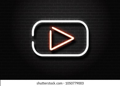 Vector realistic isolated neon sign of video player logo for decoration and covering on the wall background. Concept of social media and movie studio.