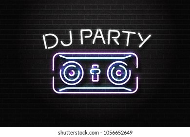 Vector realistic isolated neon sign of Dj Party lettering with vinyl console for decoration and covering on the wall background. Concept of music, dj and live concert.