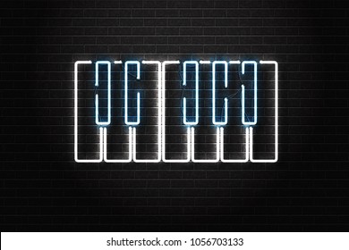 Vector realistic isolated neon sign of piano for decoration and covering on the wall background. Concept of music, dj and live concert.