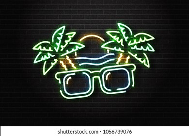 Vector realistic isolated neon sign of Summer logo with palms, ocean and sun for decoration and covering on the wall background. Concept of beach, surfing and happy summer.