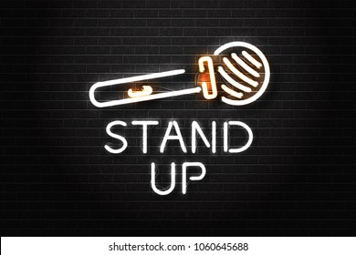 Vector realistic isolated neon sign of stand-up logo with microphone for decoration and covering on the wall background. Concept of comedy show and perfomance.