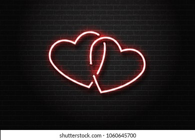 Vector realista aislado signo de neón de corazones para la decoración y la cobertura en el fondo de la pared. Concepto de amor y evento romántico.