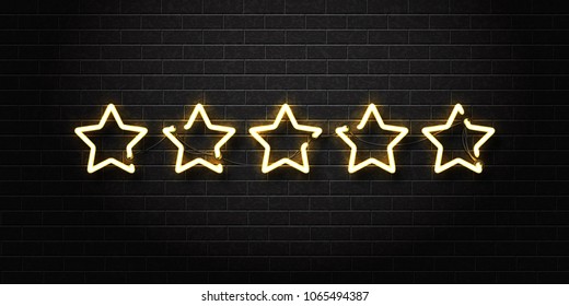 Vector realistic isolated neon sign of five golden stars for decoration and covering on the wall background. Concept of vip, luxury and rating.