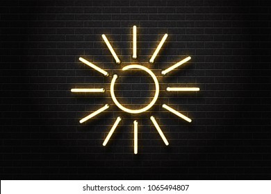 Vector realistic isolated neon sign of sun for decoration and covering on the wall background. Concept of summer and vacation.