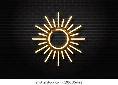 Vector realistic isolated neon sign of sun for decoration and covering on the wall background. Concept of summer and vacation.