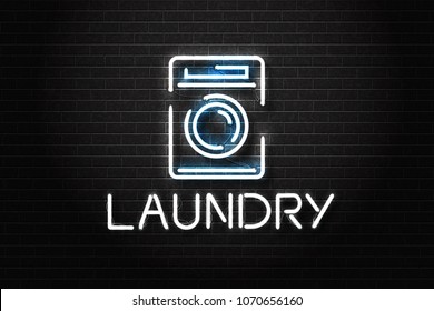 Vector realistic isolated neon sign of washing machine with Laundry lettering logo for decoration on the wall background.  Concept of housekeeping, laundry and cleaning service.