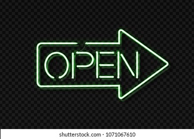 Vector realistic isolated neon sign of Open lettering arrow for decoration and covering on the transparent background. Concept of restaurant and night club entry.