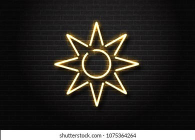 Vector realistic isolated neon sign of sun for decoration and covering on the wall background. Concept of summer and vacation.