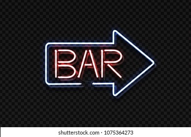 Vector realistic isolated neon sign of Bar lettering arrow for decoration and covering on the transparent background. Concept of night club, restaurant and cafe.