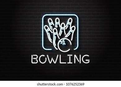 Vector realistic isolated neon sign for bowling for decoration and covering on the wall background. Concept of game sport and bowling club.