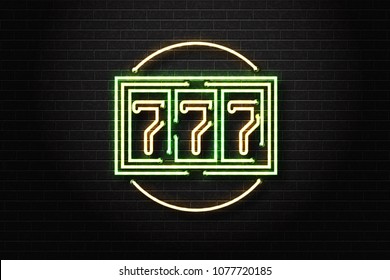 Vector realistic isolated neon sign of 777 slot machine for decoration and covering on the wall background. Concept of casino, bonus win and luck.