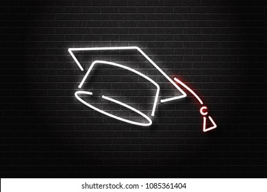 Vector realistic isolated neon sign of graduation cap for decoration and covering on the wall background. Concept of education and back to school.