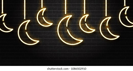 Vector realistic isolated neon sign of Ramadan Kareem moon for decoration and covering on the wall background.