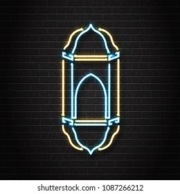 Vector realistic isolated neon sign of Ramadan Kareem fanous for decoration and covering on the wall background. Concept of Happy Ramadan Kareem.