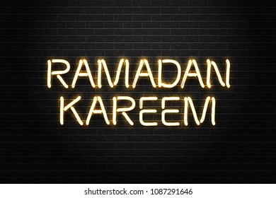 Vector realistic isolated neon sign of Ramadan Kareem logo calligraphy for decoration and covering on the wall background. Concept of Happy Ramadan Kareem.