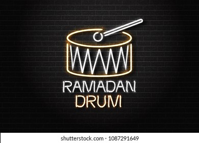 Vector realistic isolated neon sign of Ramadan Drum logo for decoration and covering on the wall background. Concept of Happy Ramadan Kareem.