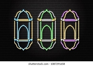 Vector realistic isolated neon sign of Ramadan Kareem fanous for decoration and covering on the wall background. Concept of Happy Ramadan Kareem.