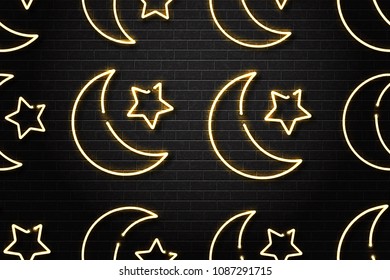 Vector realistic isolated neon sign of Ramadan Kareem moon seamless pattern for decoration and covering on the wall background. Concept of Happy Ramadan Kareem.