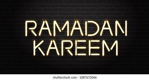 Vector realistic isolated neon sign of Ramadan Kareem logo calligraphy for decoration and covering on the wall background. Concept of Happy Ramadan Kareem.