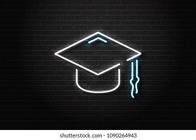 Vector realistic isolated neon sign of graduation cap for decoration and covering on the wall background. Concept of education and back to school.