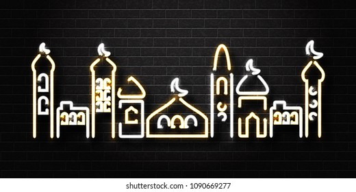 Vector realistic isolated neon sign of Ramadan Kareem logo for decoration and covering on the wall background. Concept of Happy Ramadan Kareem.
