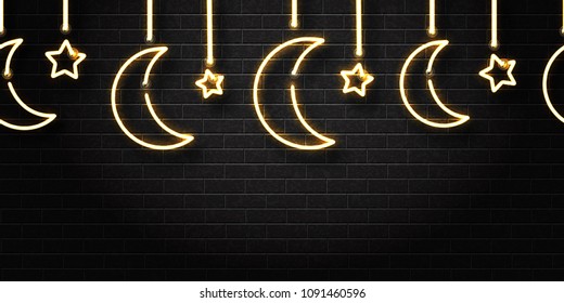 Vector realistic isolated neon sign of Ramadan Kareem moon seamless pattern for decoration and covering on the wall background. Concept of Happy Ramadan Kareem.