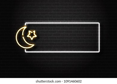Vector realistic isolated neon sign of Ramadan Kareem greeting rectangle frame for decoration and covering on the wall background. Concept of Happy Ramadan Kareem.