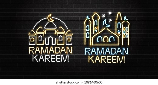 Vector realistic isolated neon sign of Ramadan Kareem logo for decoration and covering on the wall background. Concept of Happy Ramadan Kareem.