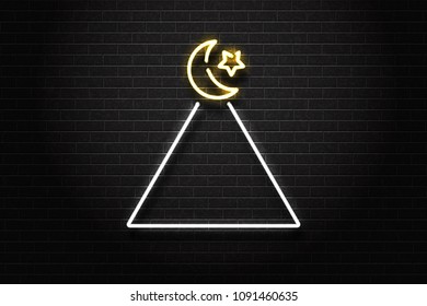 Vector realistic isolated neon sign of Ramadan Kareem greeting triangle frame for decoration and covering on the wall background. Concept of Happy Ramadan Kareem.