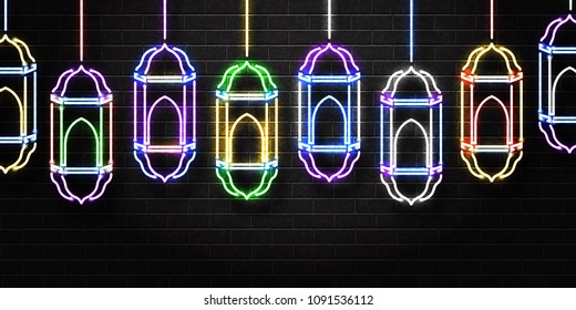 Vector realistic isolated neon sign of Ramadan Kareem lantern fanous for decoration and covering on the wall background. Concept of Happy Ramadan Kareem.