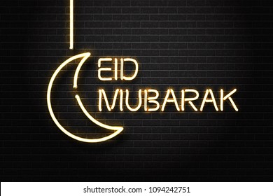 Vector realistic isolated neon sign of Eid Mubarak logo for decoration and covering on the wall background. Concept of Happy Eid Mubarak celebration.