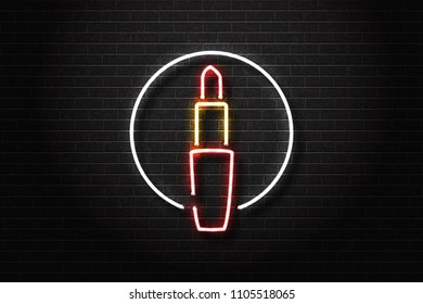 Vector realistic isolated neon sign of lipstick for decoration and covering on the wall background. Concept of cosmetics and beauty.
