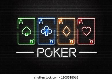 Vector realistic isolated neon sign of Poker logo with playing cards for decoration and covering on the wall background. Concept of poker, casino and gambling.